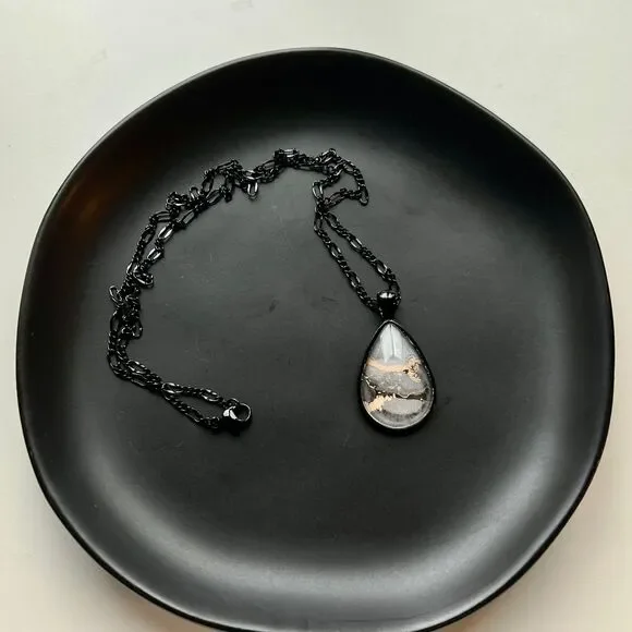 Handmade Watercolored Painted Paper Teardrop Pendant Necklace, Black Necklace - Picture 1 of 8